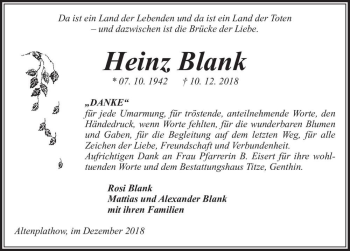 Traueranzeige von Heinz Blank  von Magdeburger Volksstimme