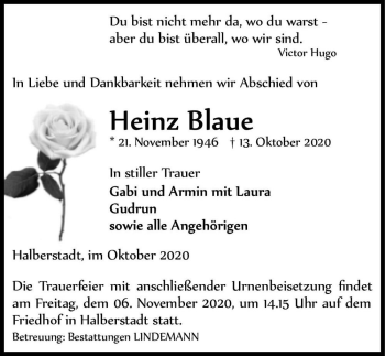 Traueranzeige von Heinz Blaue  von Magdeburger Volksstimme