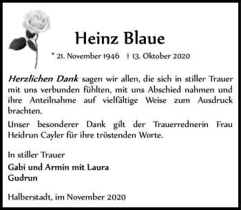 Traueranzeige von Heinz Blaue  von Magdeburger Volksstimme