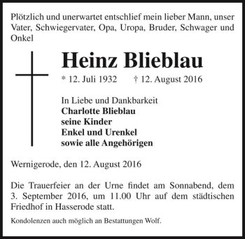 Traueranzeige von Heinz Blieblau  von Magdeburger Volksstimme