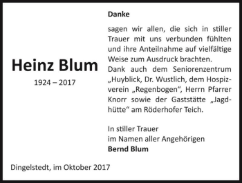 Traueranzeige von Heinz Blum  von Magdeburger Volksstimme