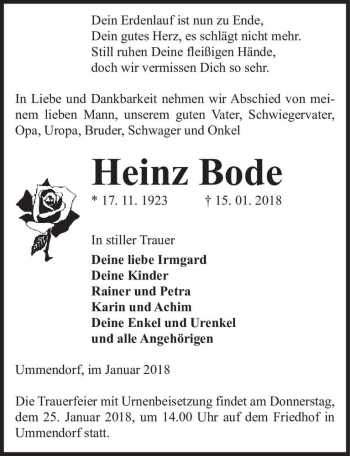 Traueranzeige von Heinz Bode  von Magdeburger Volksstimme