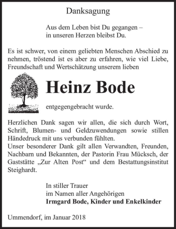 Traueranzeige von Heinz Bode  von Magdeburger Volksstimme
