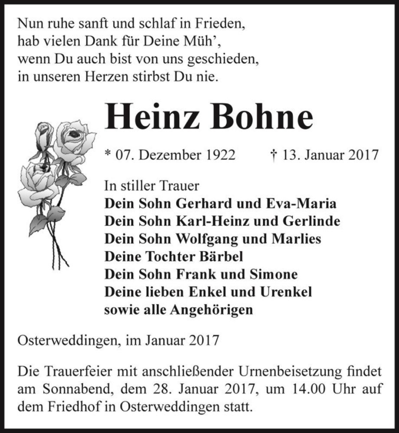  Traueranzeige für Heinz Bohne  vom 21.01.2017 aus Magdeburger Volksstimme
