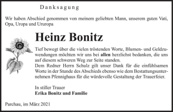 Traueranzeige von Heinz Bonitz  von Magdeburger Volksstimme