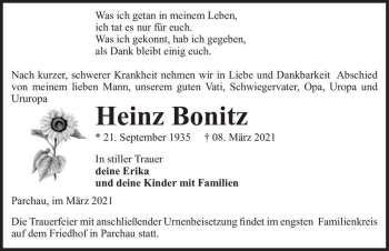 Traueranzeige von Heinz Bonitz  von Magdeburger Volksstimme
