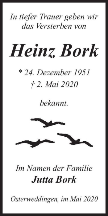Traueranzeige von Heinz Bork  von Magdeburger Volksstimme