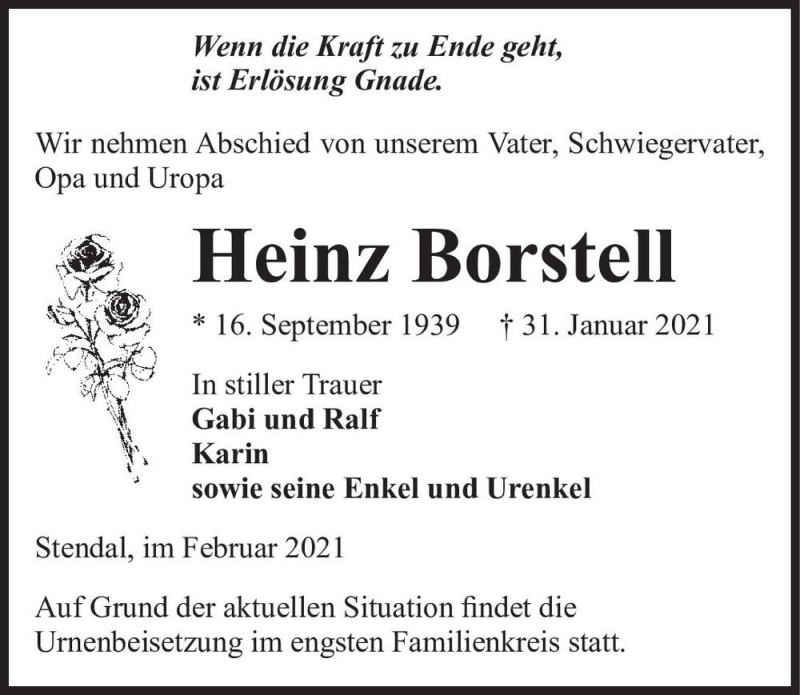  Traueranzeige für Heinz Borstell  vom 09.02.2021 aus Magdeburger Volksstimme