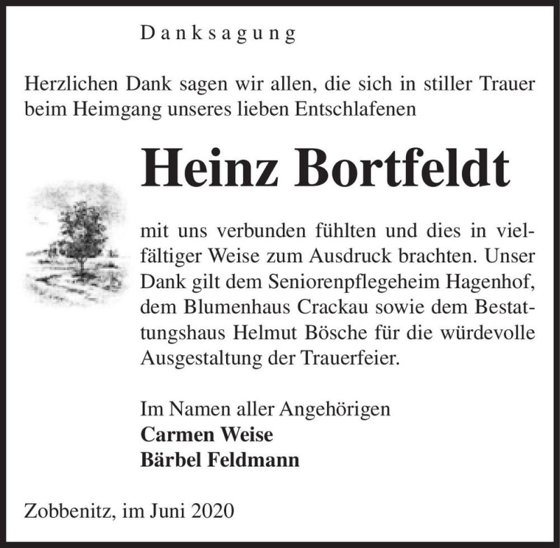  Traueranzeige für Heinz Bortfeldt  vom 05.06.2020 aus Magdeburger Volksstimme