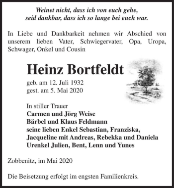 Traueranzeige von Heinz Bortfeldt  von Magdeburger Volksstimme