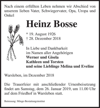Traueranzeige von Heinz Bosse  von Magdeburger Volksstimme