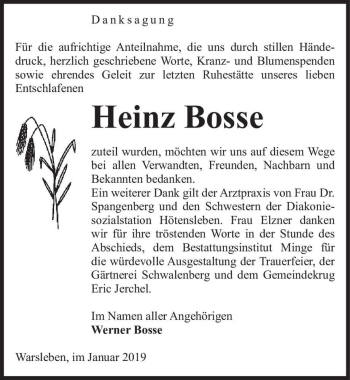 Traueranzeige von Heinz Bosse  von Magdeburger Volksstimme