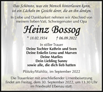 Traueranzeige von Heinz Bossog  von Magdeburger Volksstimme
