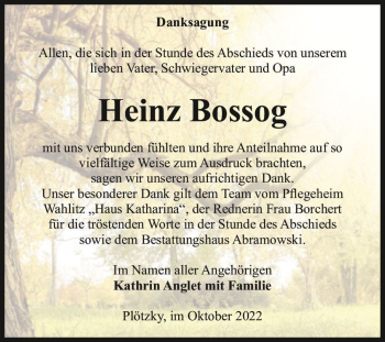Traueranzeige von Heinz Bossog  von Magdeburger Volksstimme