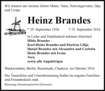 Traueranzeige von Heinz Brandes  von Magdeburger Volksstimme