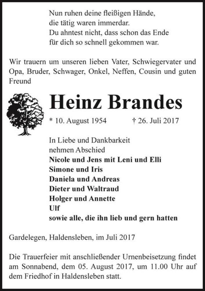  Traueranzeige für Heinz Brandes  vom 29.07.2017 aus Magdeburger Volksstimme