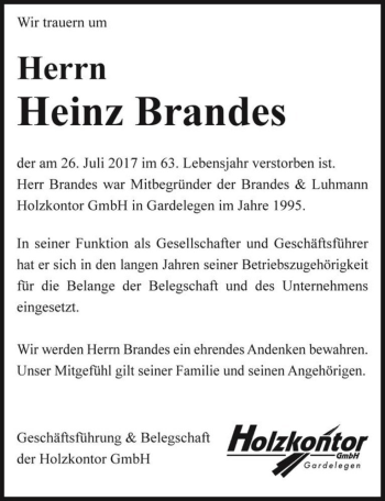 Traueranzeige von Heinz Brandes  von Magdeburger Volksstimme
