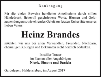 Traueranzeige von Heinz Brandes  von Magdeburger Volksstimme