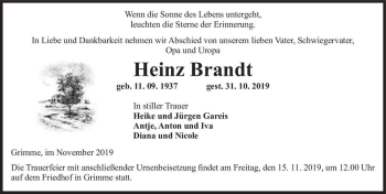 Traueranzeige von Heinz Brandt  von Magdeburger Volksstimme