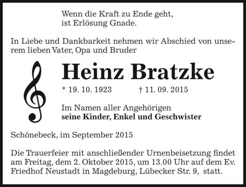  Traueranzeige für Heinz Bratzke  vom 19.09.2015 aus Magdeburger Volksstimme