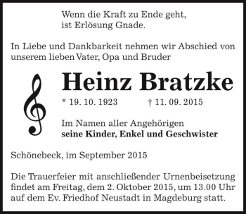 Traueranzeige von Heinz Bratzke  von Magdeburger Volksstimme