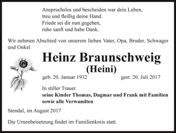 Traueranzeige von Heinz Braunschweig (Heini)  von Magdeburger Volksstimme