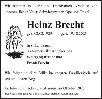 Traueranzeige von Heinz Brecht  von Magdeburger Volksstimme