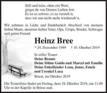 Traueranzeige von Heinz Bree  von Magdeburger Volksstimme