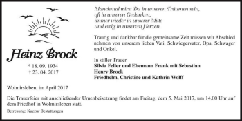 Traueranzeige von Heinz Brock  von Magdeburger Volksstimme