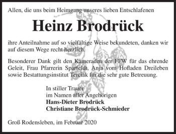 Traueranzeige von Heinz Brodrück  von Magdeburger Volksstimme