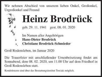 Traueranzeige von Heinz Brodrück  von Magdeburger Volksstimme