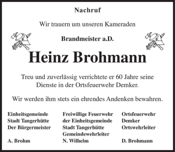 Traueranzeige von Heinz Brohmann  von Magdeburger Volksstimme