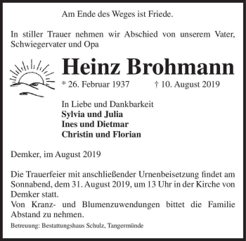 Traueranzeige von Heinz Brohmann  von Magdeburger Volksstimme