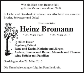 Traueranzeige von Heinz Bromann  von Magdeburger Volksstimme