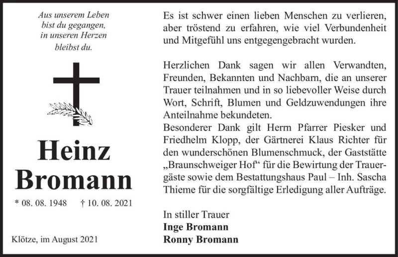  Traueranzeige für Heinz Bromann  vom 02.09.2021 aus Magdeburger Volksstimme