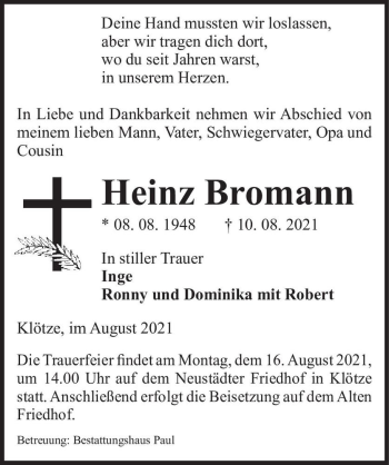 Traueranzeige von Heinz Bromann  von Magdeburger Volksstimme