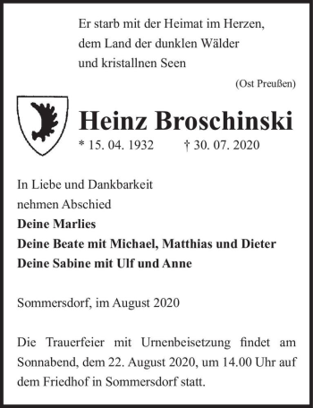 Traueranzeige von Heinz Broschinski  von Magdeburger Volksstimme