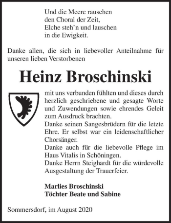 Traueranzeige von Heinz Broschinski  von Magdeburger Volksstimme
