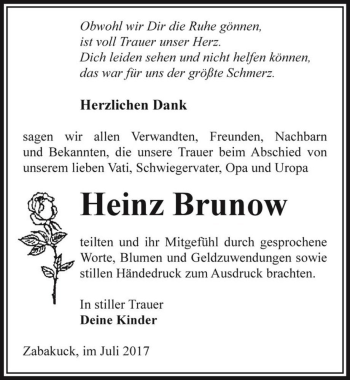 Traueranzeige von Heinz Brunow  von Magdeburger Volksstimme