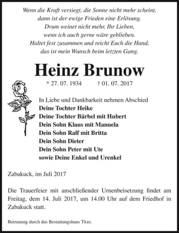 Traueranzeige von Heinz Brunow  von Magdeburger Volksstimme