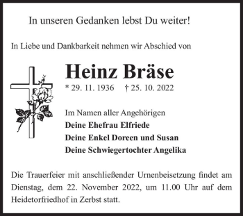 Traueranzeige von Heinz Bräse  von Magdeburger Volksstimme