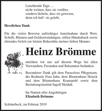 Traueranzeige von Heinz Brömme  von Magdeburger Volksstimme