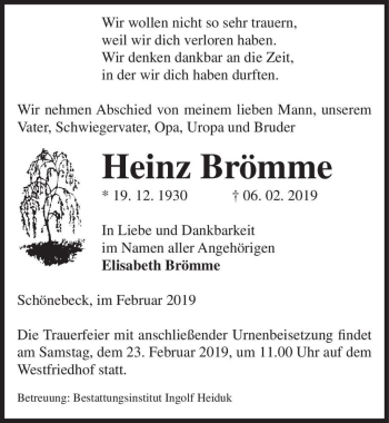 Traueranzeige von Heinz Brömme  von Magdeburger Volksstimme
