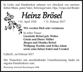 Traueranzeige von Heinz Brösel  von Magdeburger Volksstimme