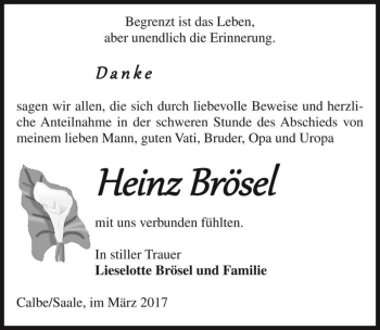 Traueranzeige von Heinz Brösel  von Magdeburger Volksstimme