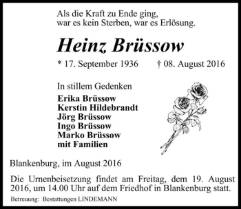 Traueranzeige von Heinz Brüssow  von Magdeburger Volksstimme
