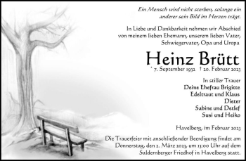 Traueranzeige von Heinz Brütt  von Magdeburger Volksstimme