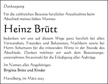 Traueranzeige von Heinz Brütt  von Magdeburger Volksstimme