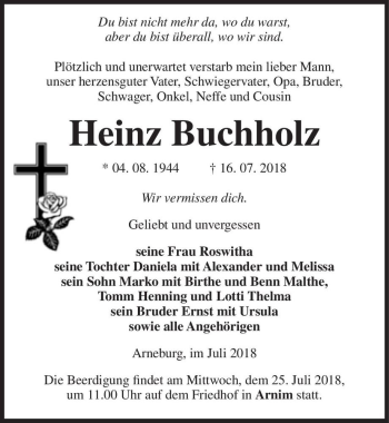 Traueranzeige von Heinz Buchholz  von Magdeburger Volksstimme