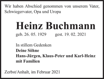 Traueranzeige von Heinz Buchmann  von Magdeburger Volksstimme
